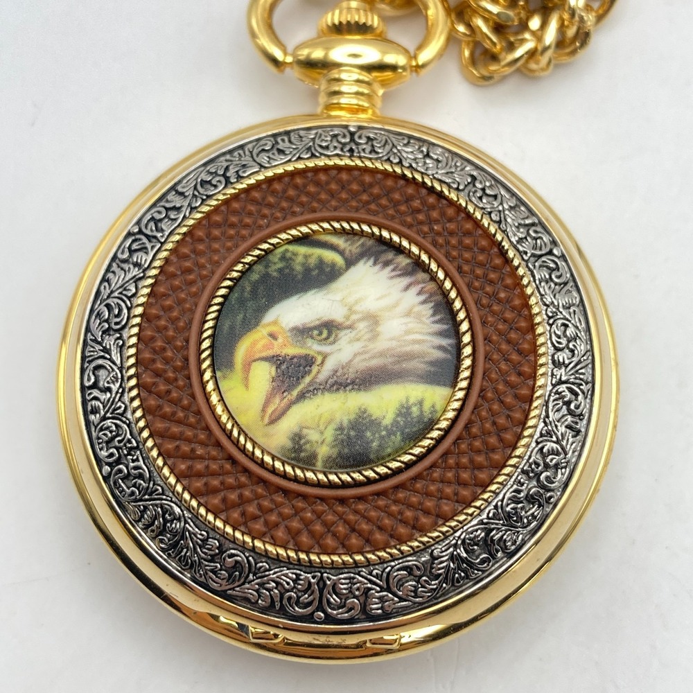 Franklin Mint Pocket Watch Alaskan Chilkat Bald Eagle w/Chain 51mm New Battery